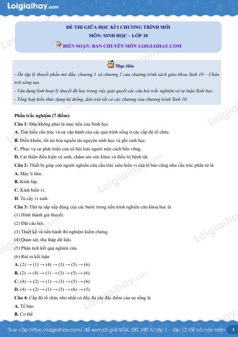 Đề thi giữa kì 1 Sinh 10 Chân trời sáng tạo - Đề số 9